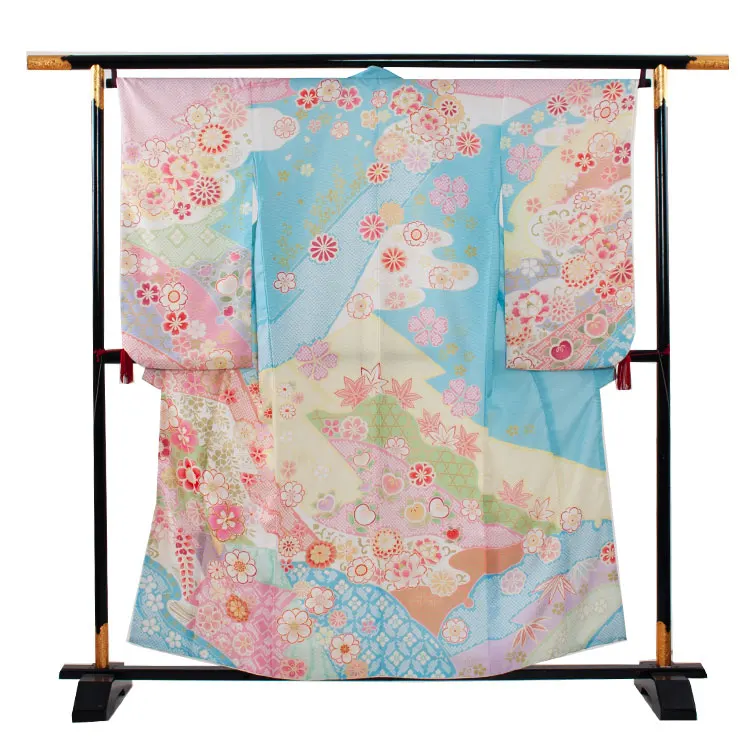 ジュニア着物 空色 古典 花づくし D016