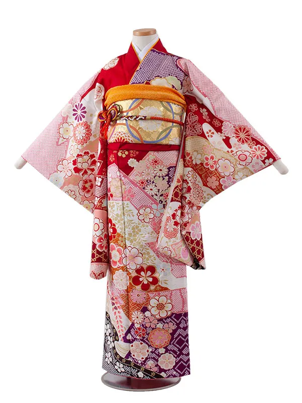 ジュニア着物 赤地 古典 花づくし D018