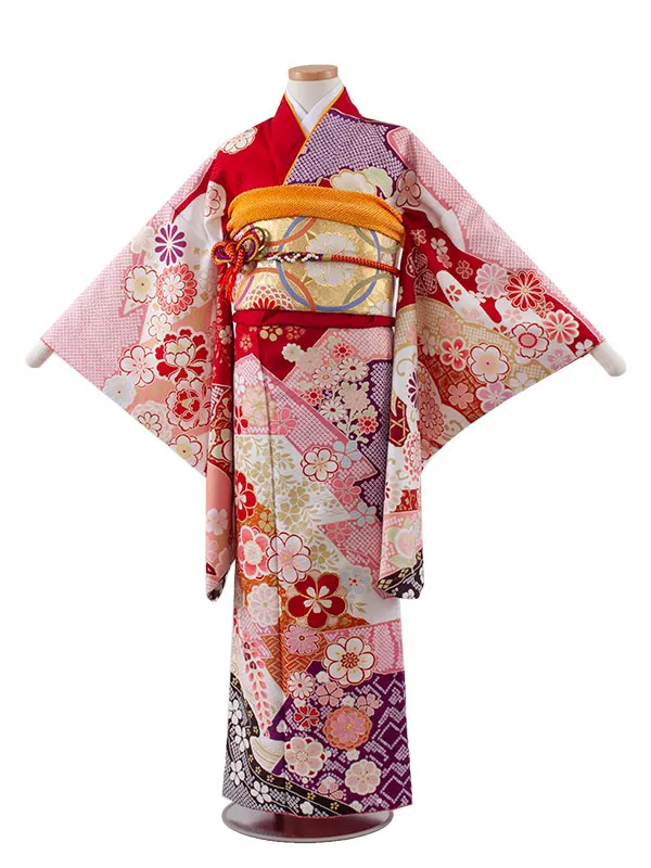 ジュニア着物 赤地 古典 花づくし D018