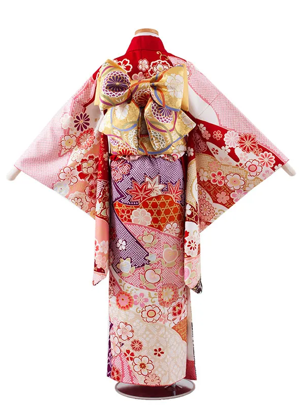 ジュニア着物 赤地 古典 花づくし D018