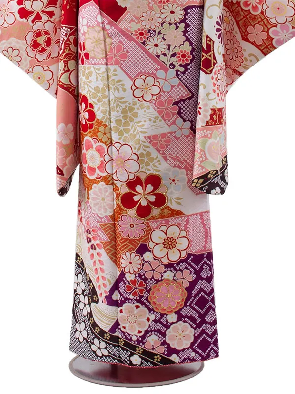ジュニア着物 赤地 古典 花づくし D018