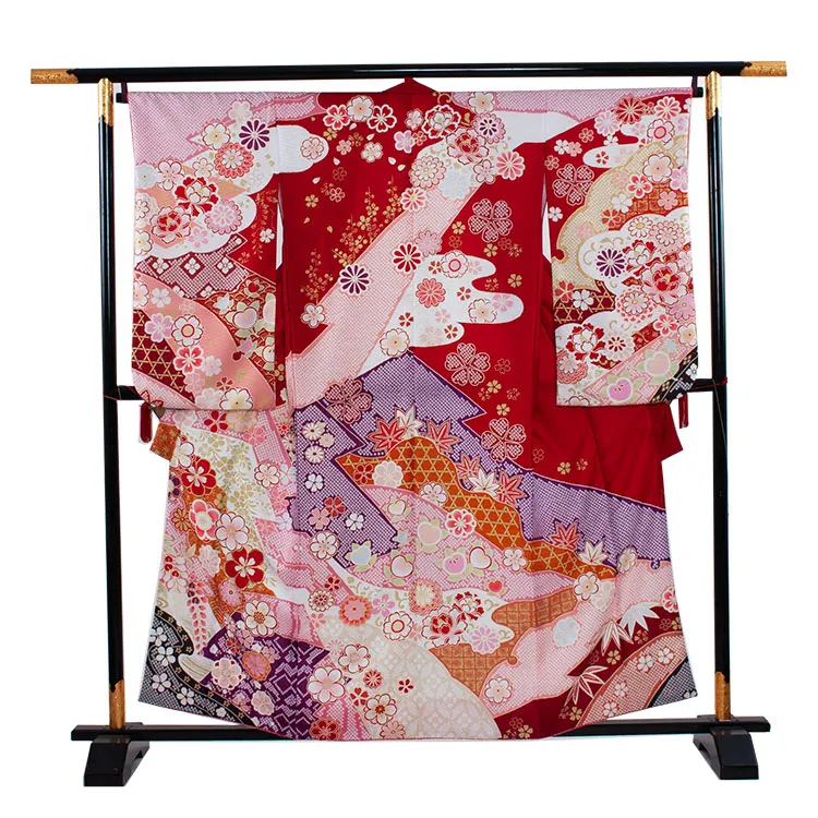 ジュニア着物 赤地 古典 花づくし D018