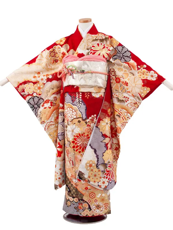 ジュニア着物 赤地 絞り調 豪華 古典 D019