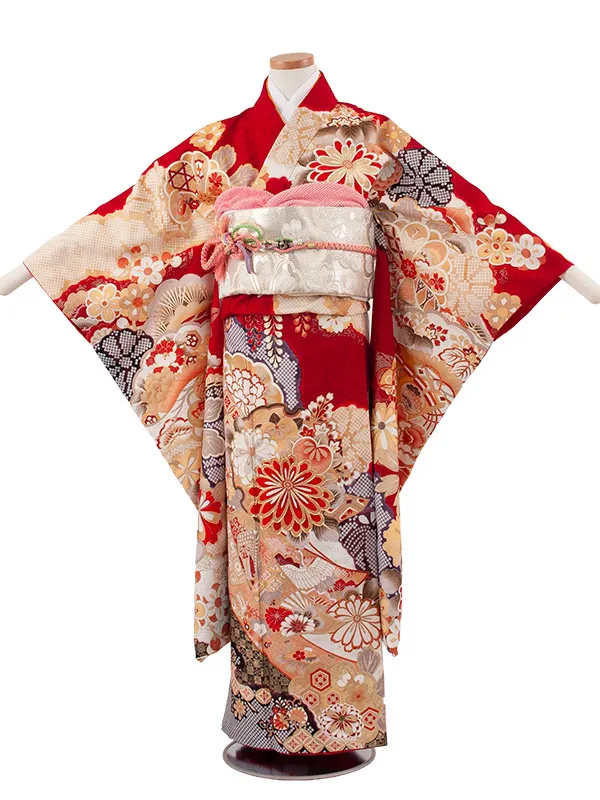 ジュニア着物 赤地 絞り調 豪華 古典 D019