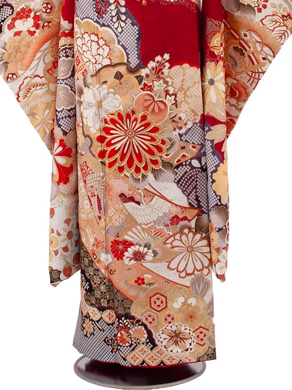 ジュニア着物 赤地 絞り調 豪華 古典 D019