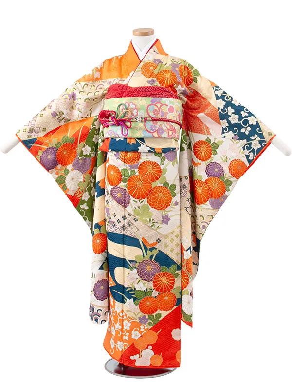 【正絹】ジュニア着物 オフホワイト 菊 古典 D020