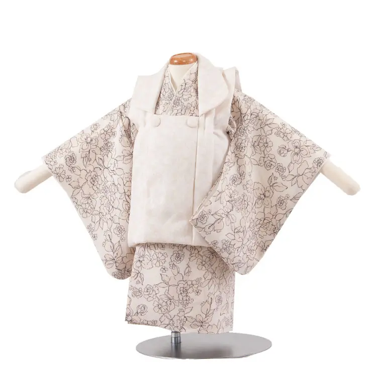 女児ベビー アイボリー×ベージュ 花 二部式着物 373