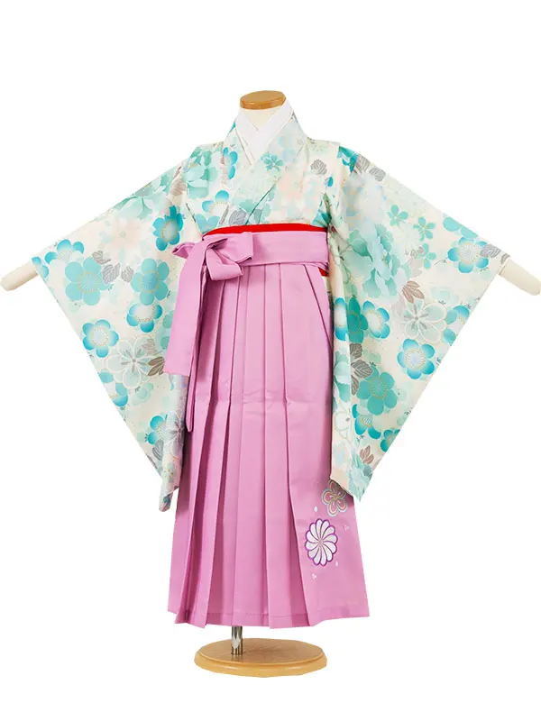 女児袴レンタル（5歳女の子） クリーム 牡丹 梅 ピンクパープル袴 A089