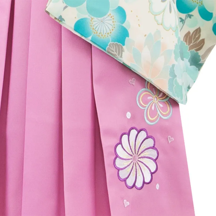 女児袴レンタル（5歳女の子） クリーム 牡丹 梅 ピンクパープル袴 A089