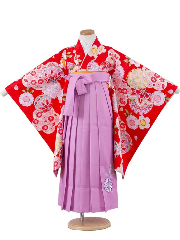 女児袴レンタル（7歳女の子） 赤地 桜 鞠 花束 ピンクパープル袴 A115