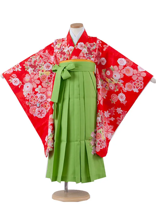 女児袴レンタル（7歳女の子） 赤地 四季の花々 A116