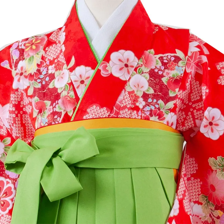 女児袴レンタル（7歳女の子） 赤地 四季の花々 A116