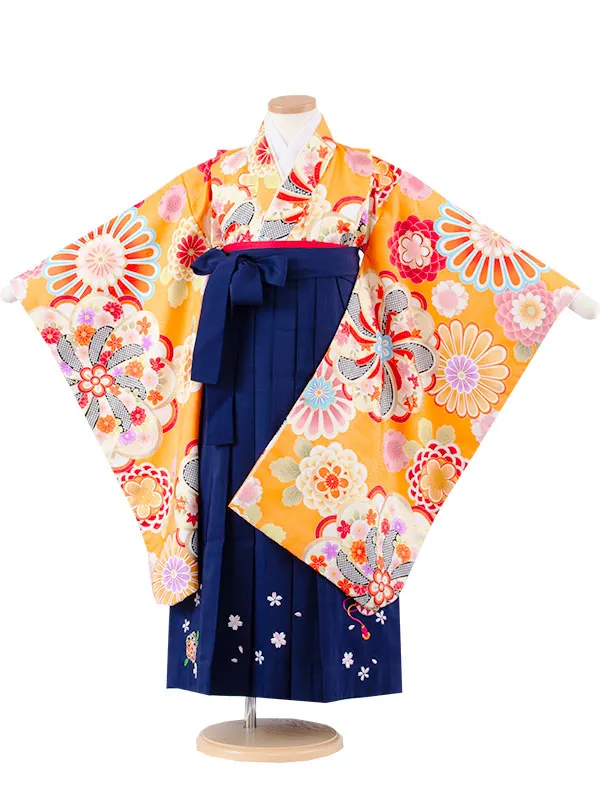 女児袴レンタル（7歳女の子） オレンジ ねじり梅 菊 A120