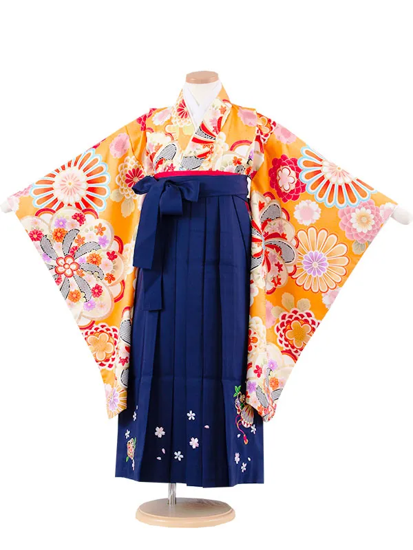 女児袴レンタル（7歳女の子） オレンジ ねじり梅 菊 A120