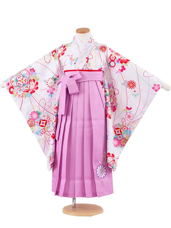 女児袴レンタル（6～7歳女の子） 白地 花束 ピンクパープル袴 A125