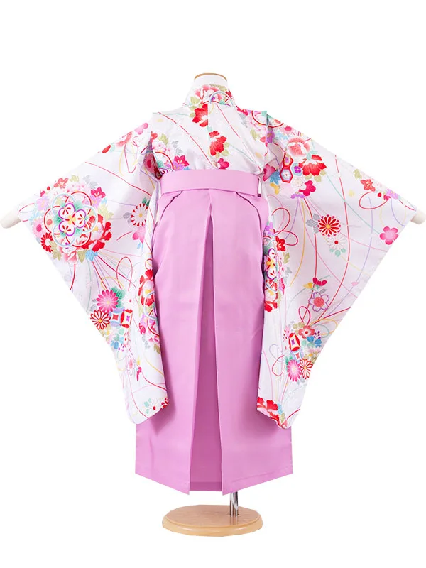 女児袴レンタル（6～7歳女の子） 白地 花束 ピンクパープル袴 A125