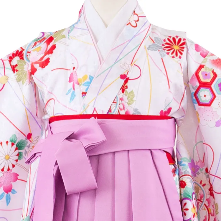 女児袴レンタル（6～7歳女の子） 白地 花束 ピンクパープル袴 A125