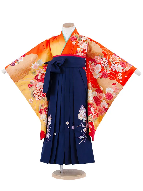 女児袴レンタル（7歳女の子） オレンジ 雲取り 牡丹 A127