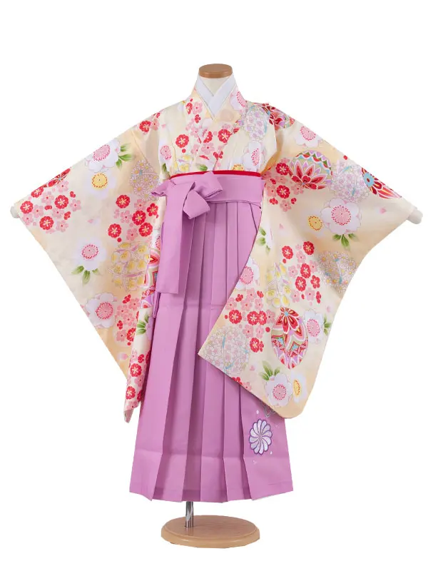 女児袴レンタル（7歳女の子） 薄イエロー 鞠 桜 ピンクパープル袴 A130