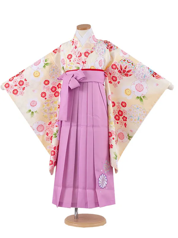 女児袴レンタル（7歳女の子） 薄イエロー 鞠 桜 ピンクパープル袴 A130