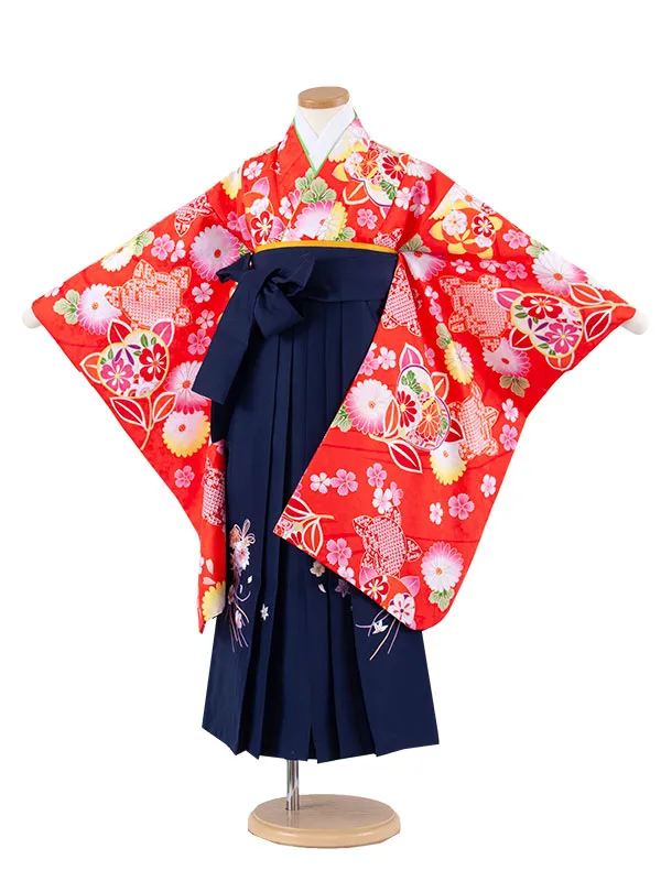 女児袴レンタル（7歳女の子） 赤地 橘 桜 A133