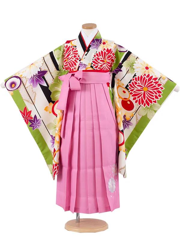 女児袴レンタル（7歳女の子） 黄緑地 四季の花々 A135