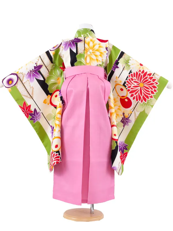 女児袴レンタル（7歳女の子） 黄緑地 四季の花々 A135