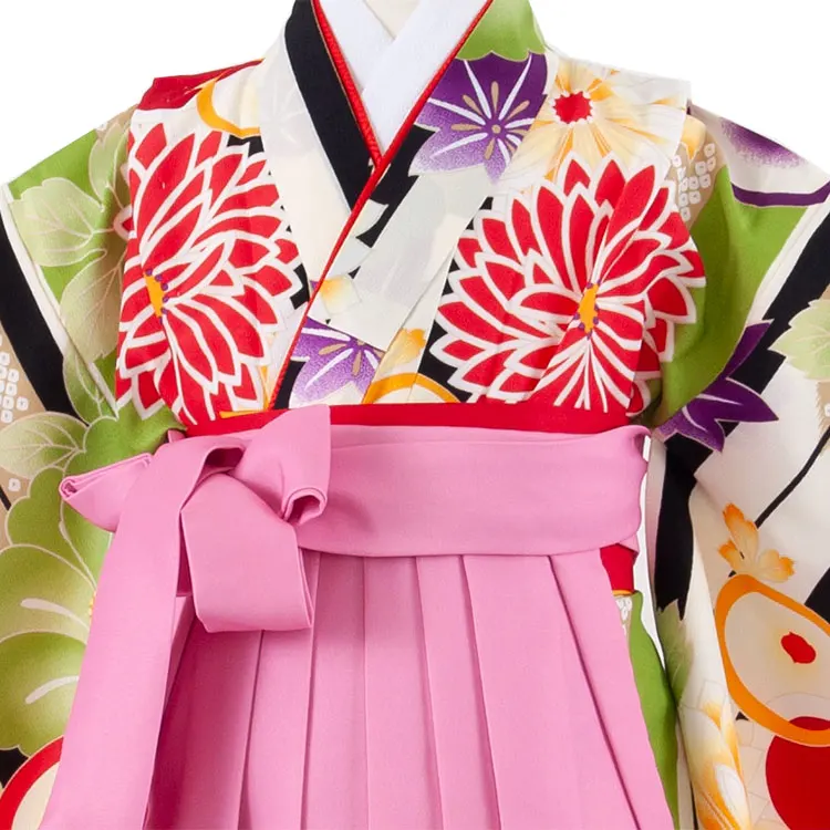 女児袴レンタル（7歳女の子） 黄緑地 四季の花々 A135
