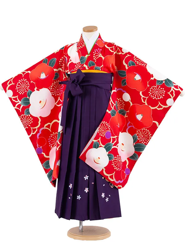 女児袴レンタル（7歳女の子） 赤地 椿 桜 A141
