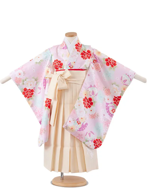 女児袴レンタル（5歳女の子） 薄ピンク 牡丹 鞠 A145