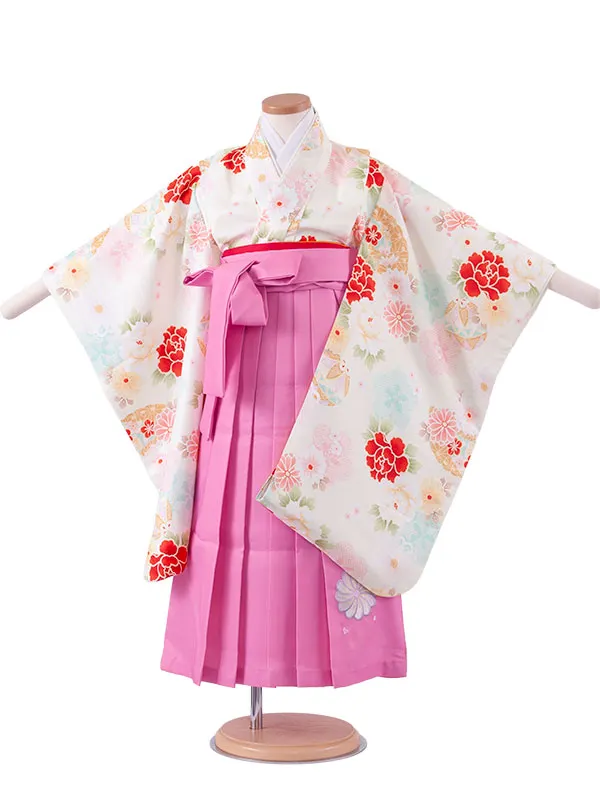 女児袴レンタル（5歳女の子） アイボリー 牡丹 鞠 A146