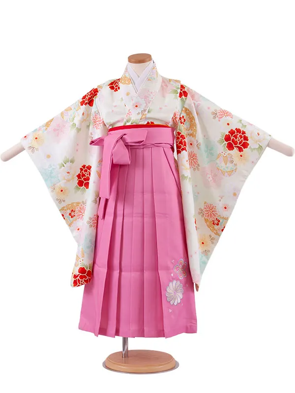 女児袴レンタル（5歳女の子） アイボリー 牡丹 鞠 A146