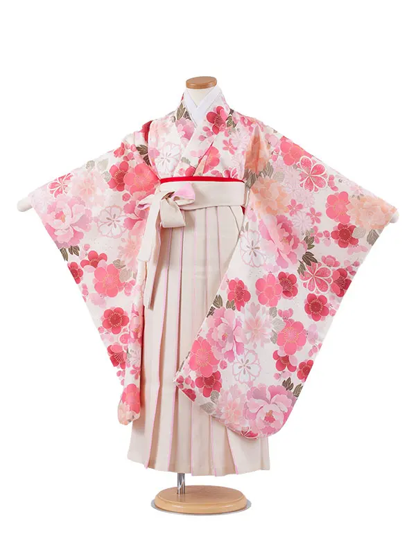 女児袴レンタル（7歳女の子） アイボリー 梅と牡丹 A163