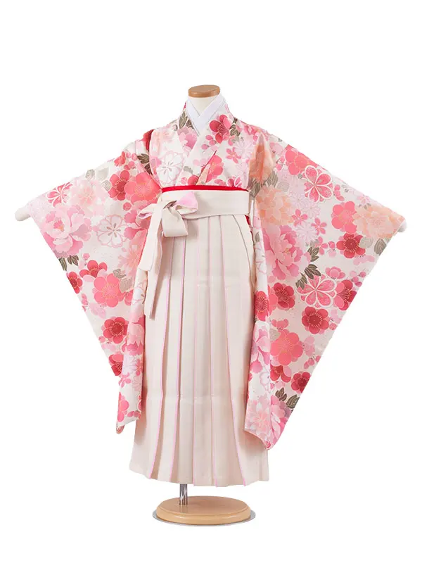 女児袴レンタル（7歳女の子） アイボリー 梅と牡丹 A163