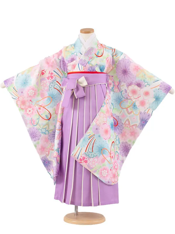 女児袴レンタル（7歳女の子） 白地 花束 A166