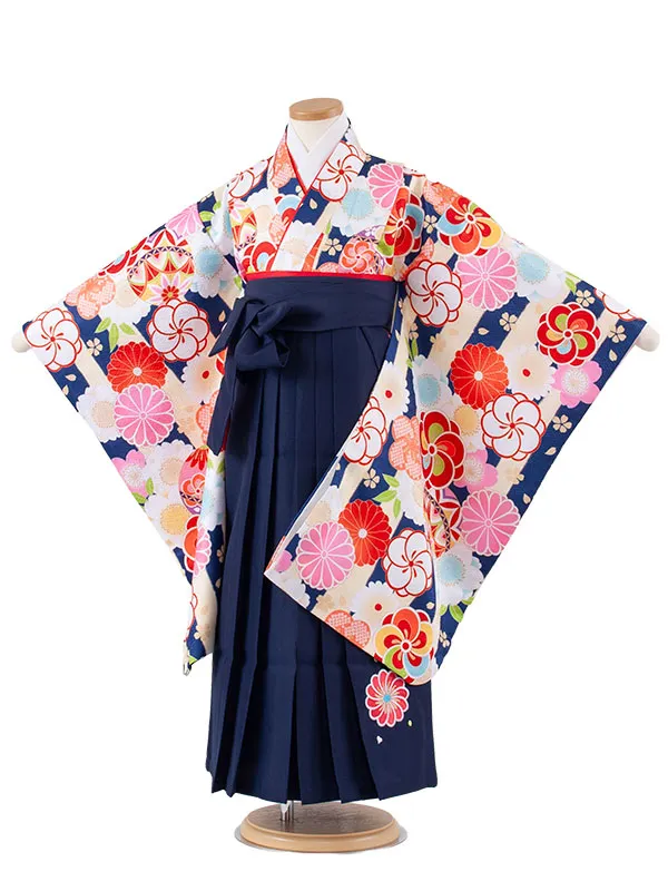 女児袴レンタル（7歳女の子） 紺×クリーム ストライプ A168