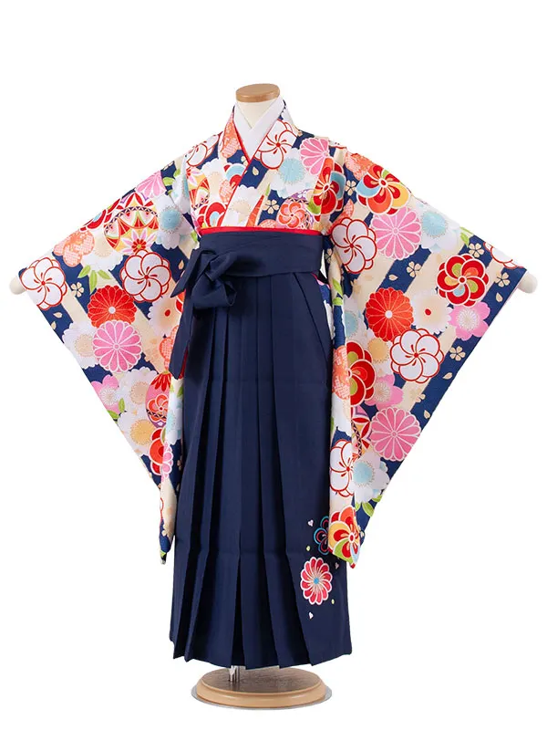 女児袴レンタル（7歳女の子） 紺×クリーム ストライプ A168