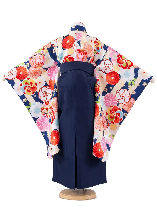 女児袴レンタル（7歳女の子） 紺×クリーム ストライプ A168