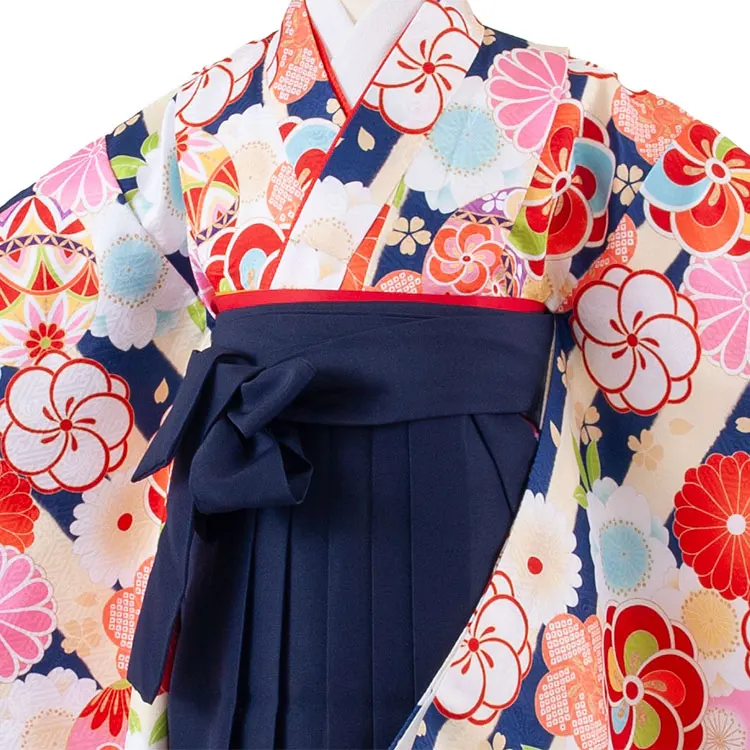 女児袴レンタル（7歳女の子） 紺×クリーム ストライプ A168