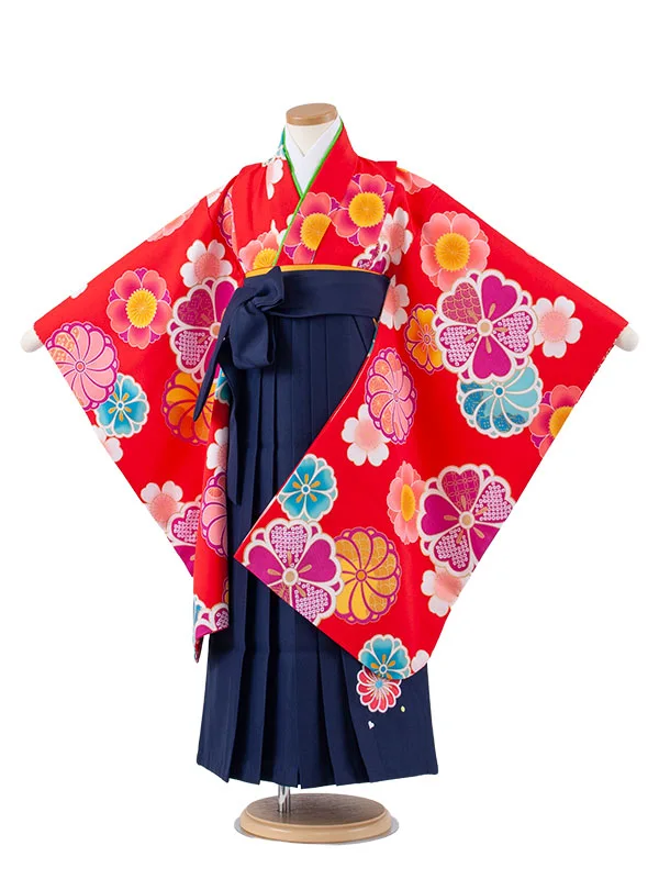 女児袴レンタル（7歳女の子） 赤地 ねじり菊 A169