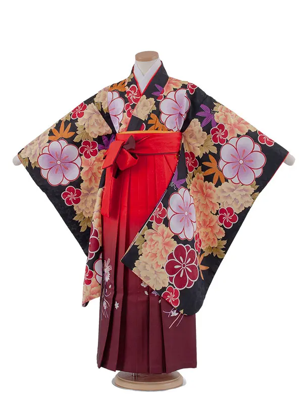 女児袴レンタル（7歳女の子） 黒地 牡丹 グラデーション袴 A172