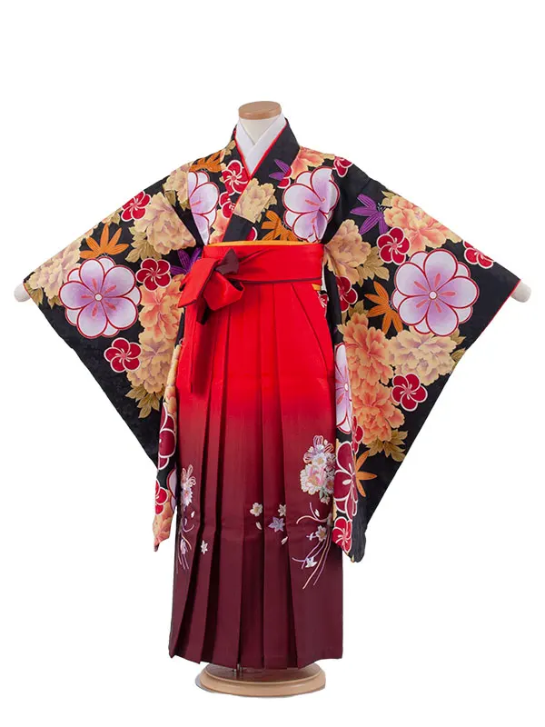 女児袴レンタル（7歳女の子） 黒地 牡丹 グラデーション袴 A172