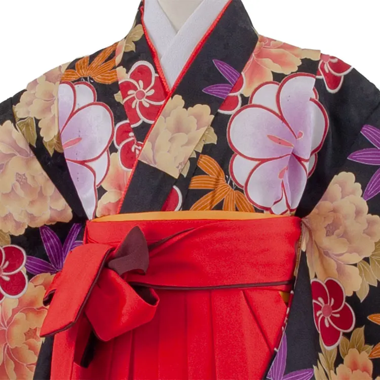 女児袴レンタル（7歳女の子） 黒地 牡丹 グラデーション袴 A172