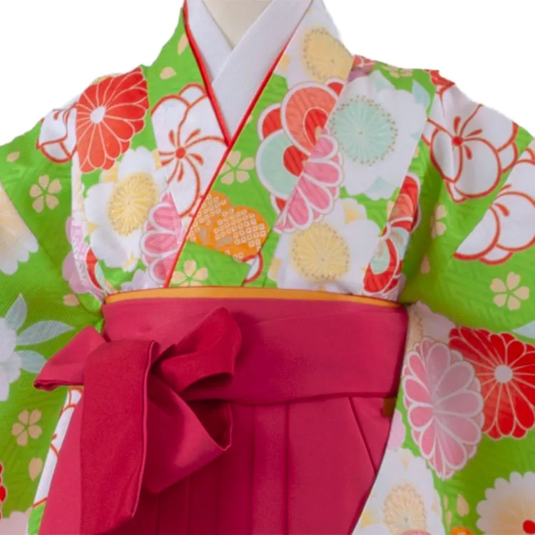 女児袴レンタル（7歳女の子） 黄緑地 ねじり梅 グラデーション袴 A175