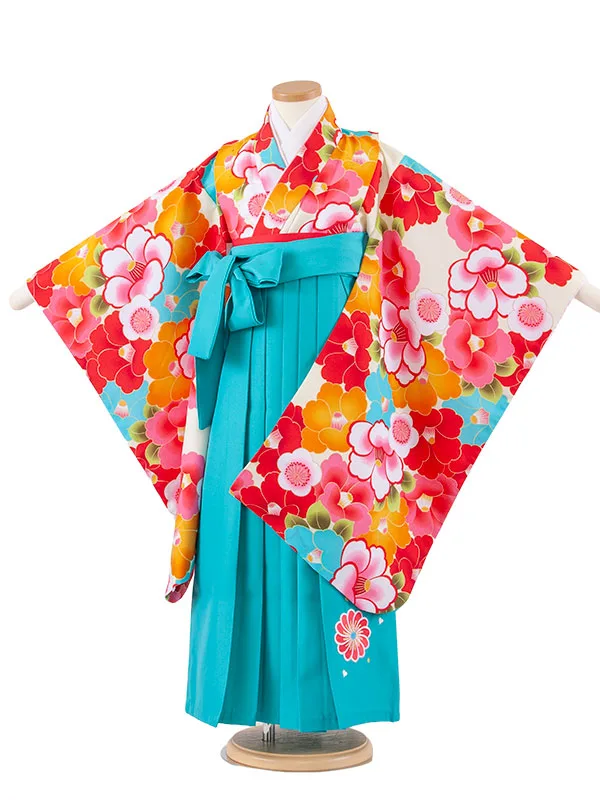 女児袴レンタル（6～7歳女の子） アイボリー 椿 ターコイズブルー袴 A177