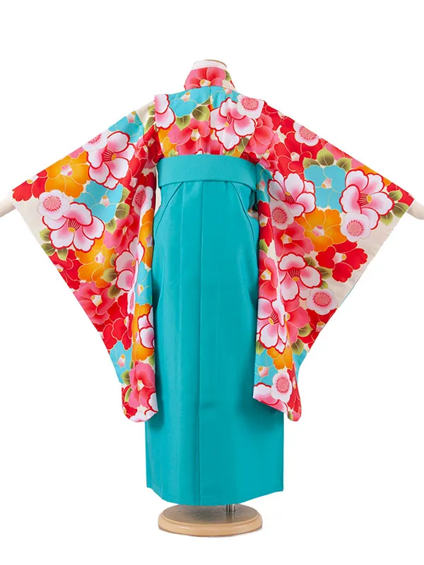女児袴レンタル（6～7歳女の子） アイボリー 椿 ターコイズブルー袴 A177