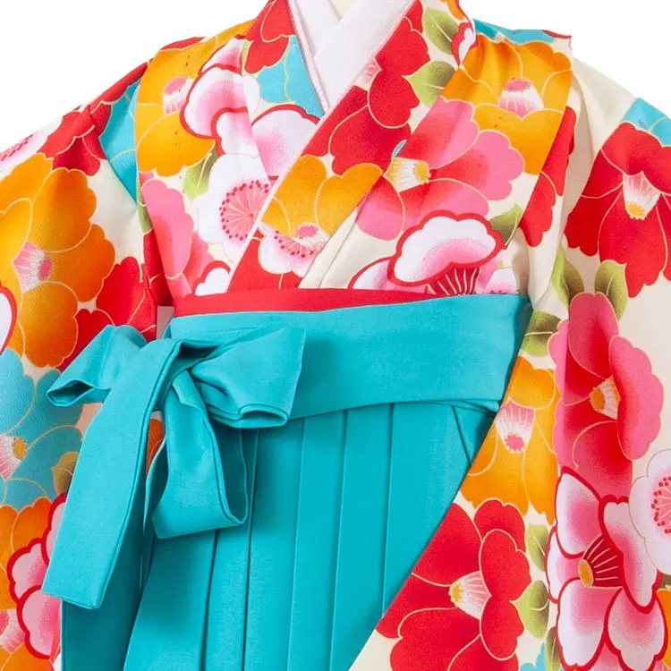 女児袴レンタル（6～7歳女の子） アイボリー 椿 ターコイズブルー袴 A177