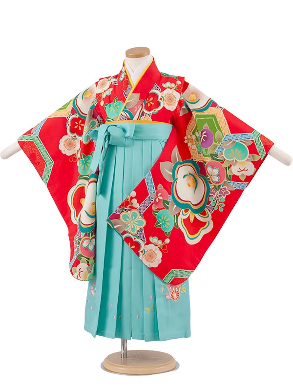 女児袴レンタル（5歳女の子） 赤地 椿 ミント袴 A178