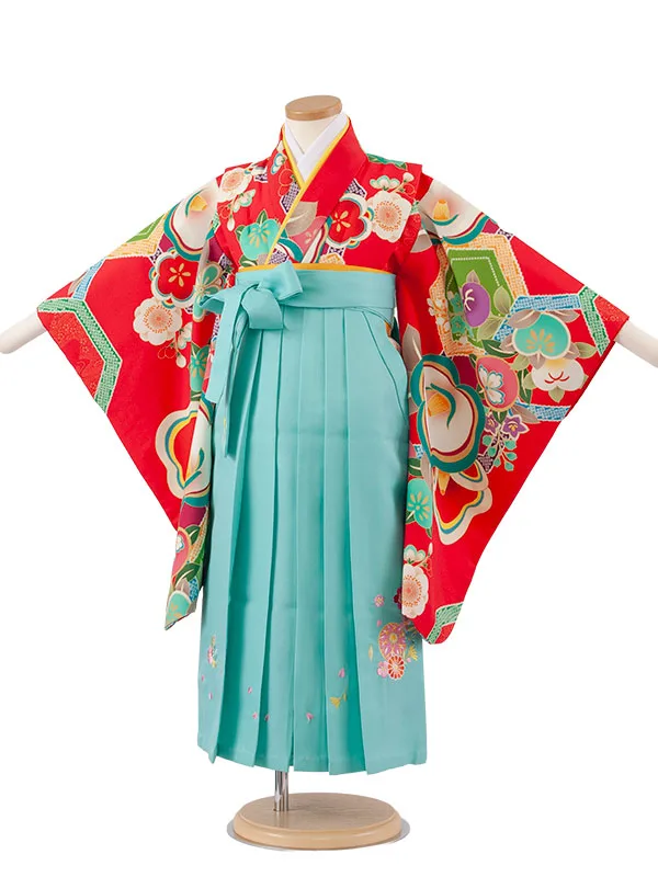 女児袴レンタル（5歳女の子） 赤地 椿 ミント袴 A178