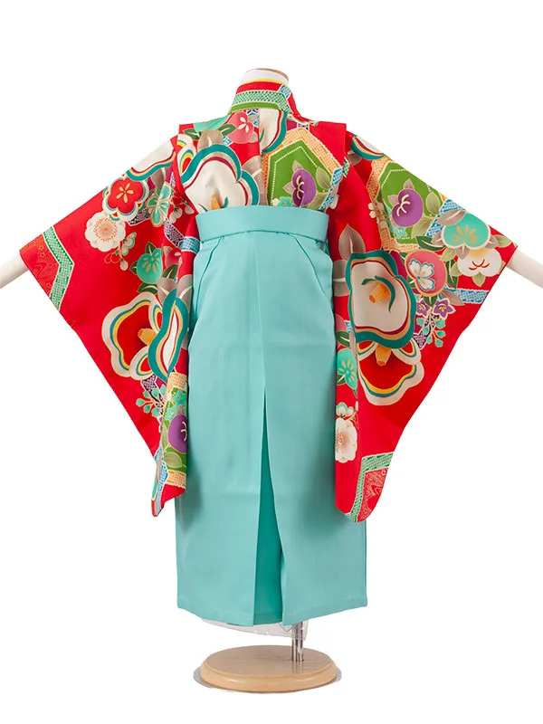 女児袴レンタル（5歳女の子） 赤地 椿 ミント袴 A178